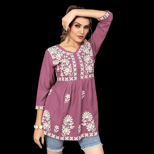 Chikankari Rayon Cotton Long Kurta Kurti
